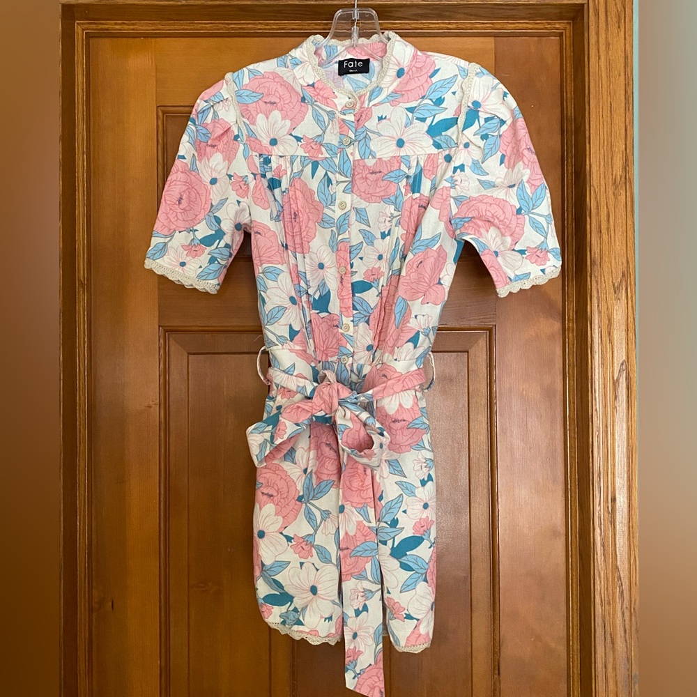 FATE Floral Belted Romper with Crochet Trim